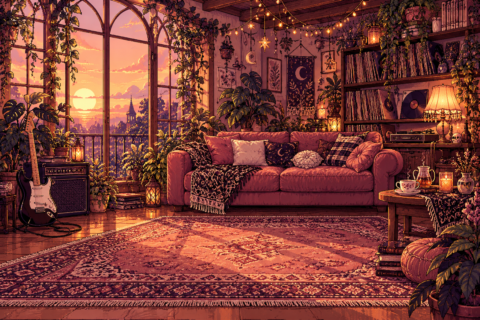 Pixel-art manor living room